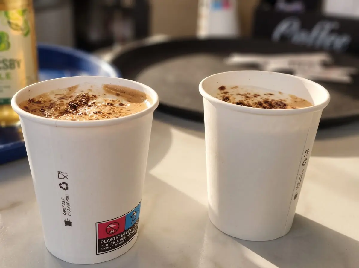 Two cappuccinos in the shop's paper cups